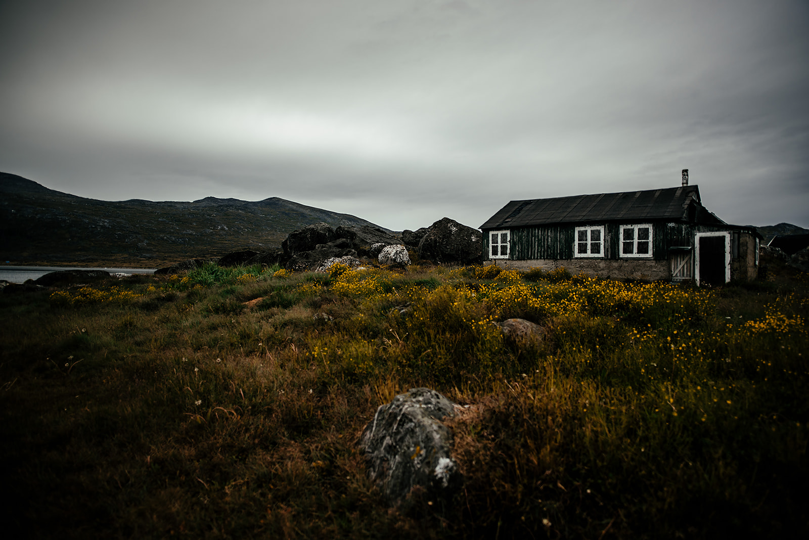 meadow and small wooden house on Greenland