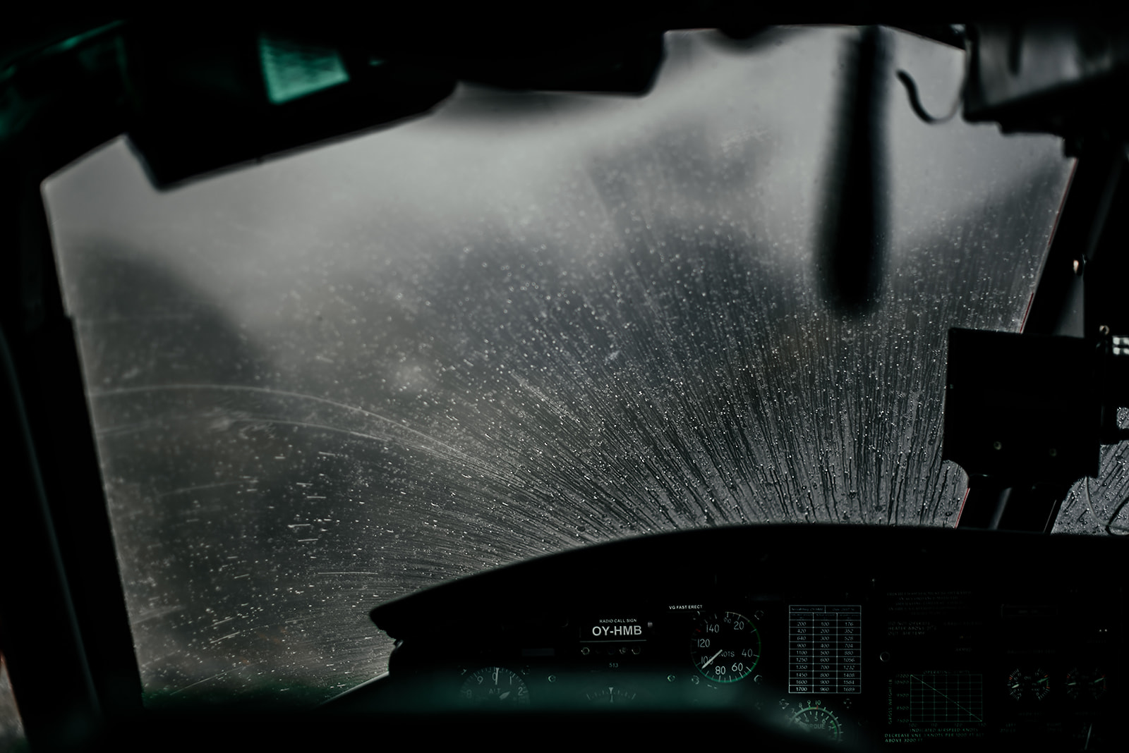 rain on a helicopter window in Greenland