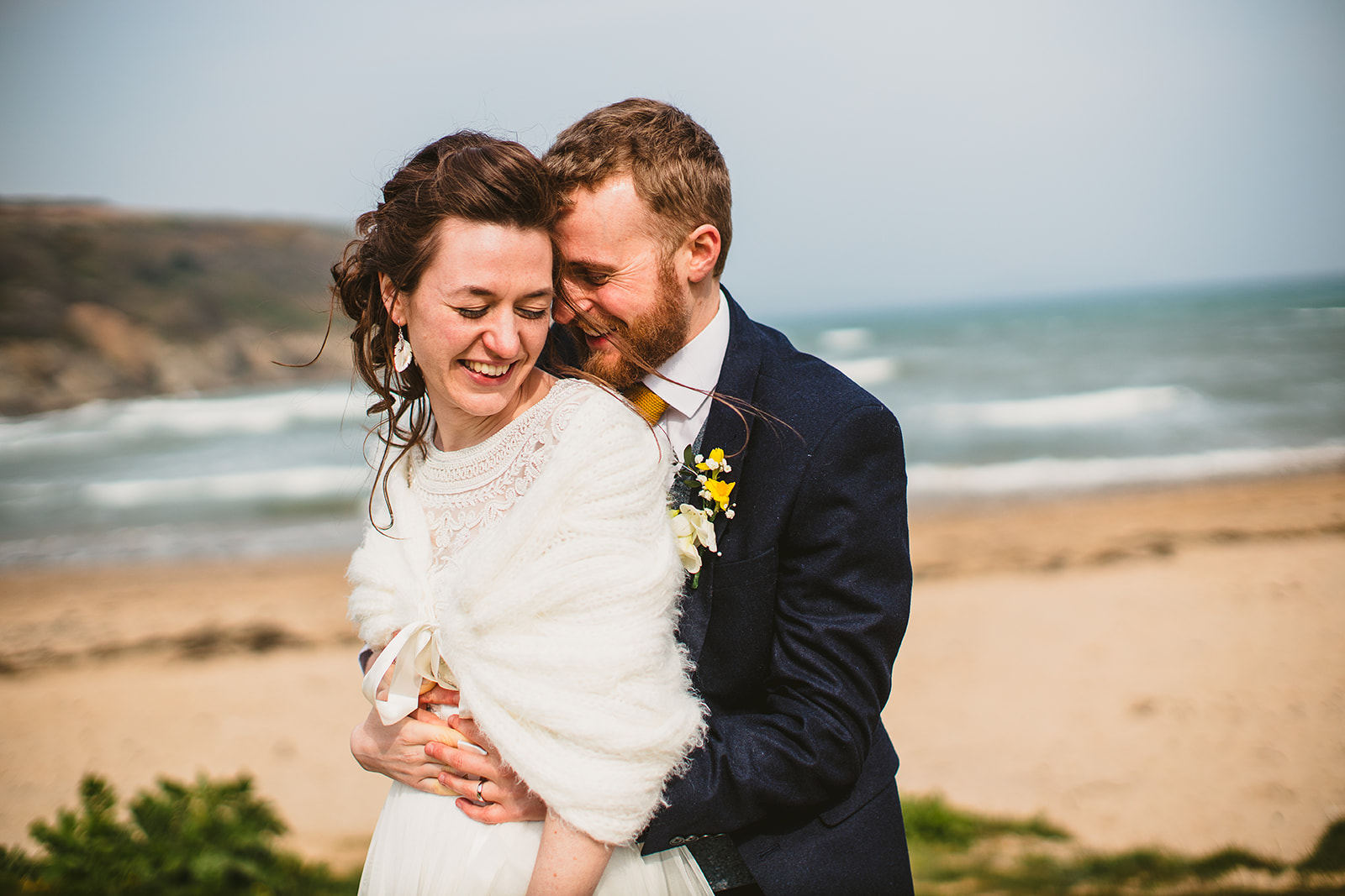 Wedding portrait on beach in Cornwall