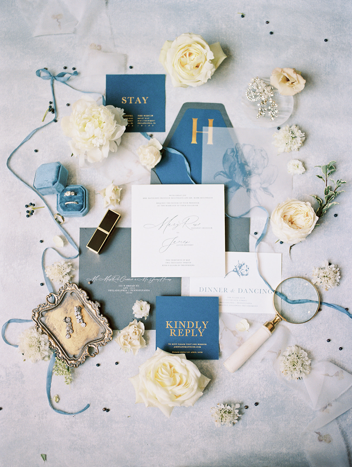 blue and white modern invitation suite styled with roses for Secret Urban Garden Wedding at Philadelphia’s Fitler Club 