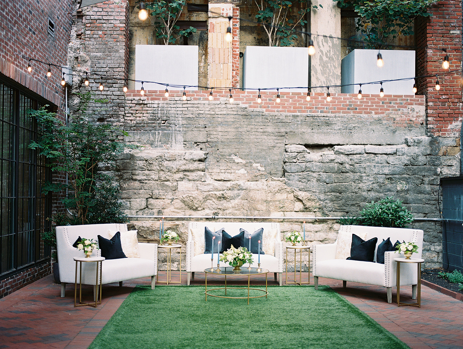 chic lounge setup in outdoor courtyard for Secret Urban Garden Wedding at Philadelphia’s Fitler Club