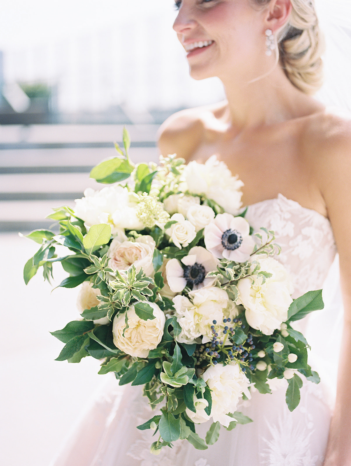 lush bridal bouquet with cream and white blooms for Secret Urban Garden Wedding at Philadelphia’s Fitler Club