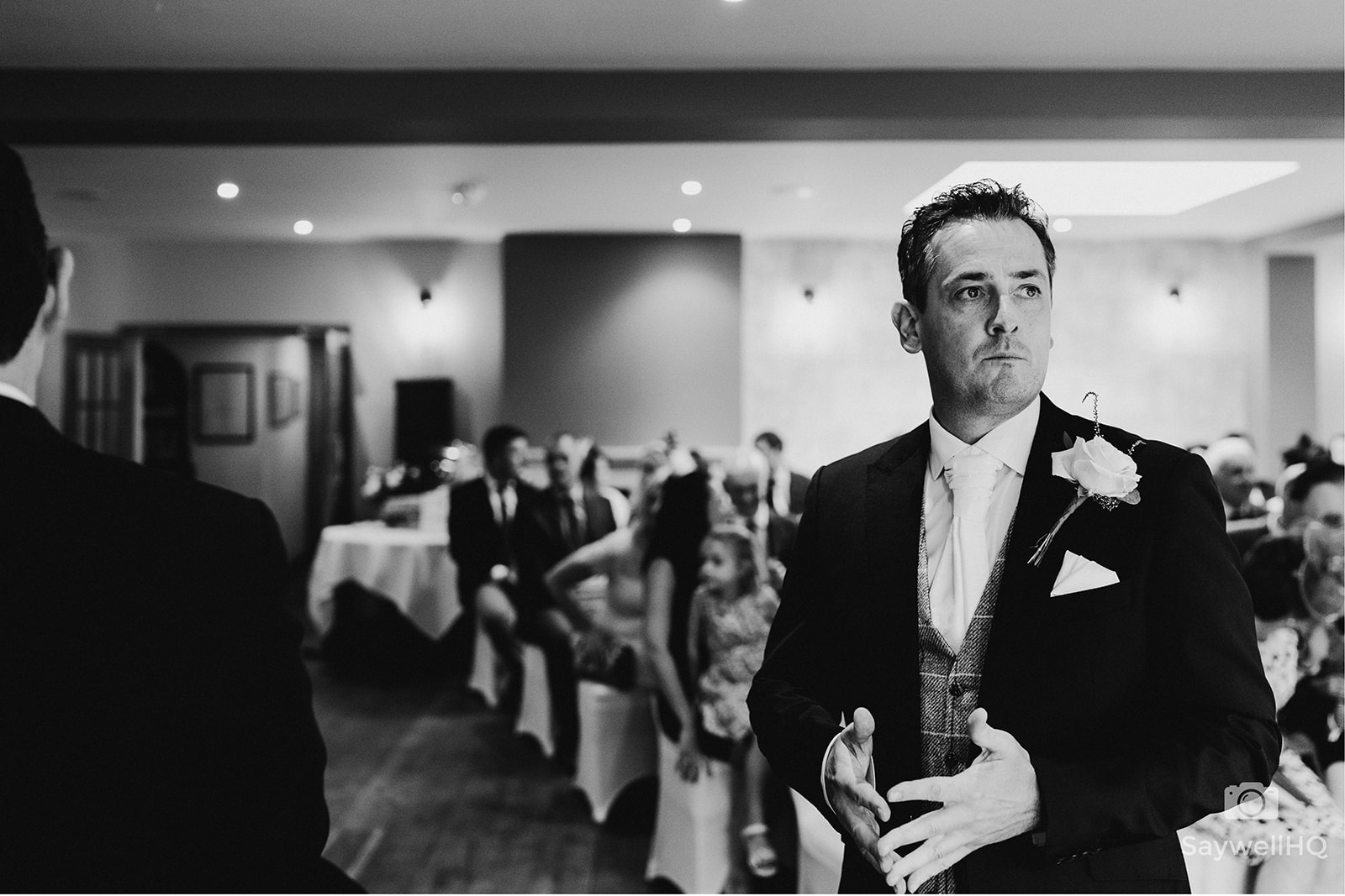 The Chequers Inn Wedding Photography - room, looking nervous before the start of the wedding ceremony