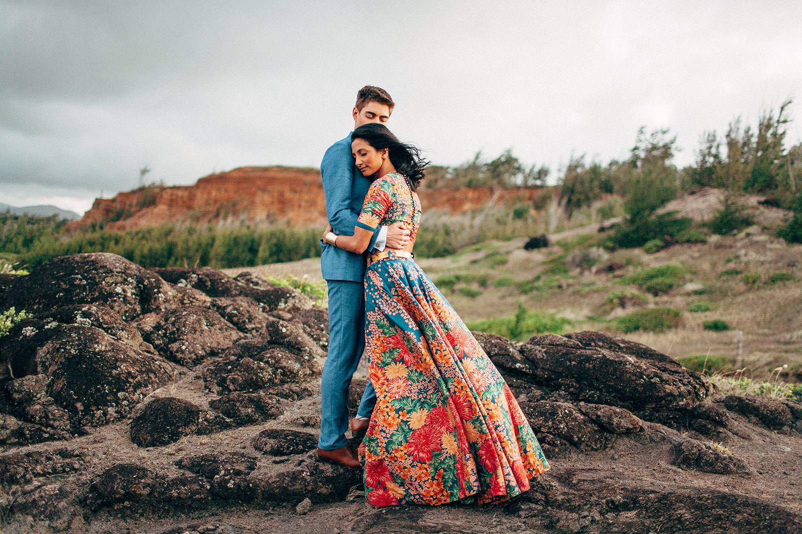 Epic portrait of a bride & groom along the coast of Maui island in Hawaii