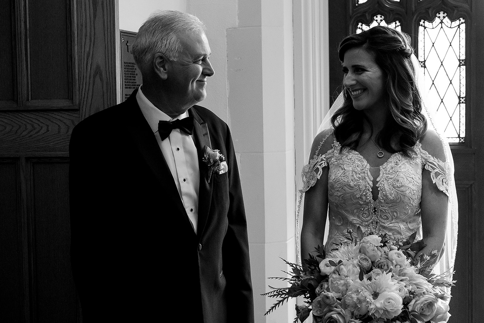 bride and father moment in St. Sebastian’s Church before wedding