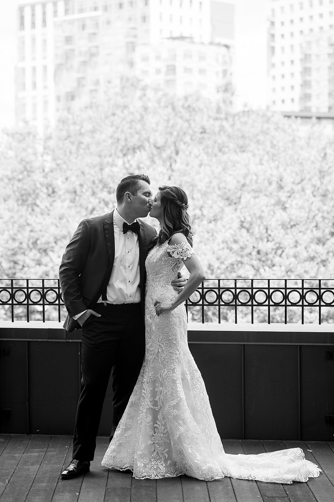 bride and groom portrait on rooftop of Graduate Providence hotel in Rhode Island 