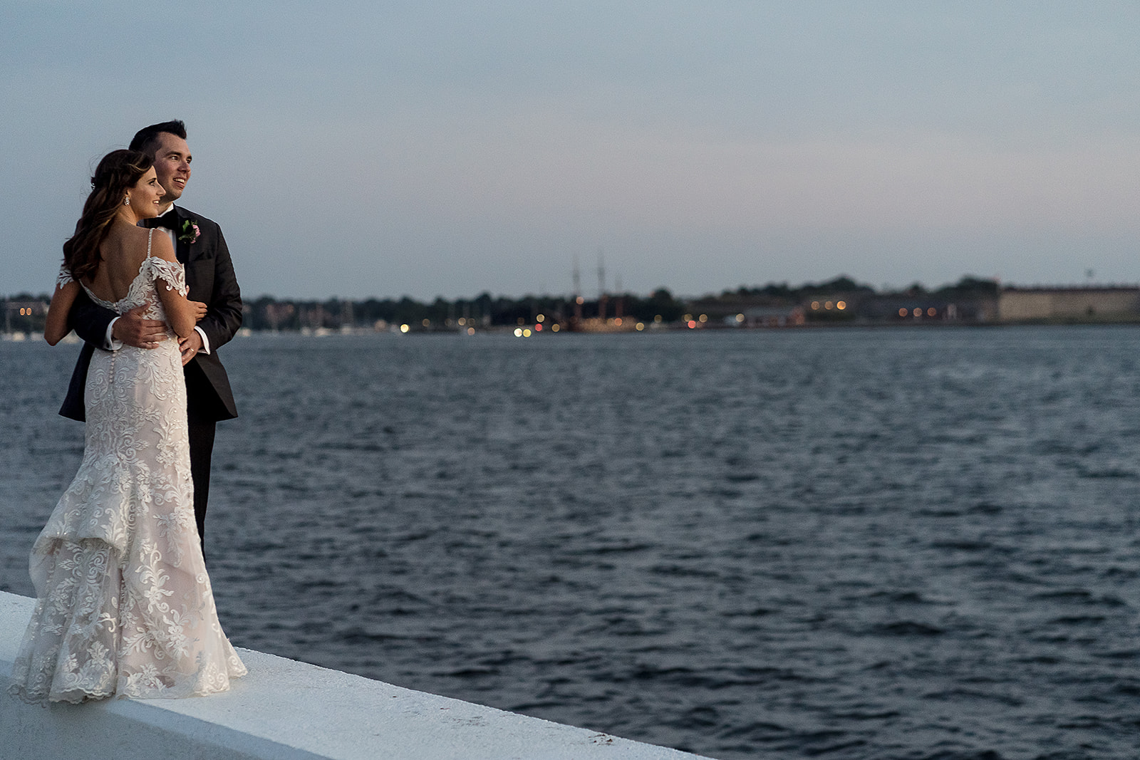 bride and groom sunset portraits at belle mer in Newport Rhode Island