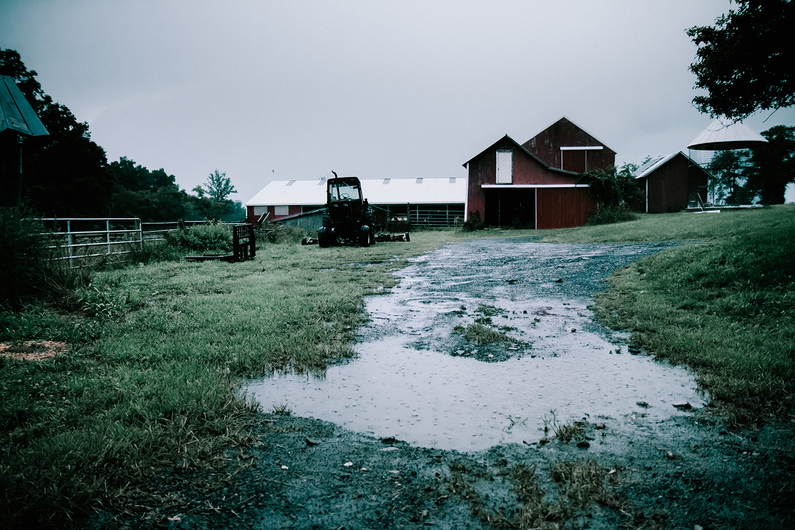 photos of a couple on a farm during a rain storm