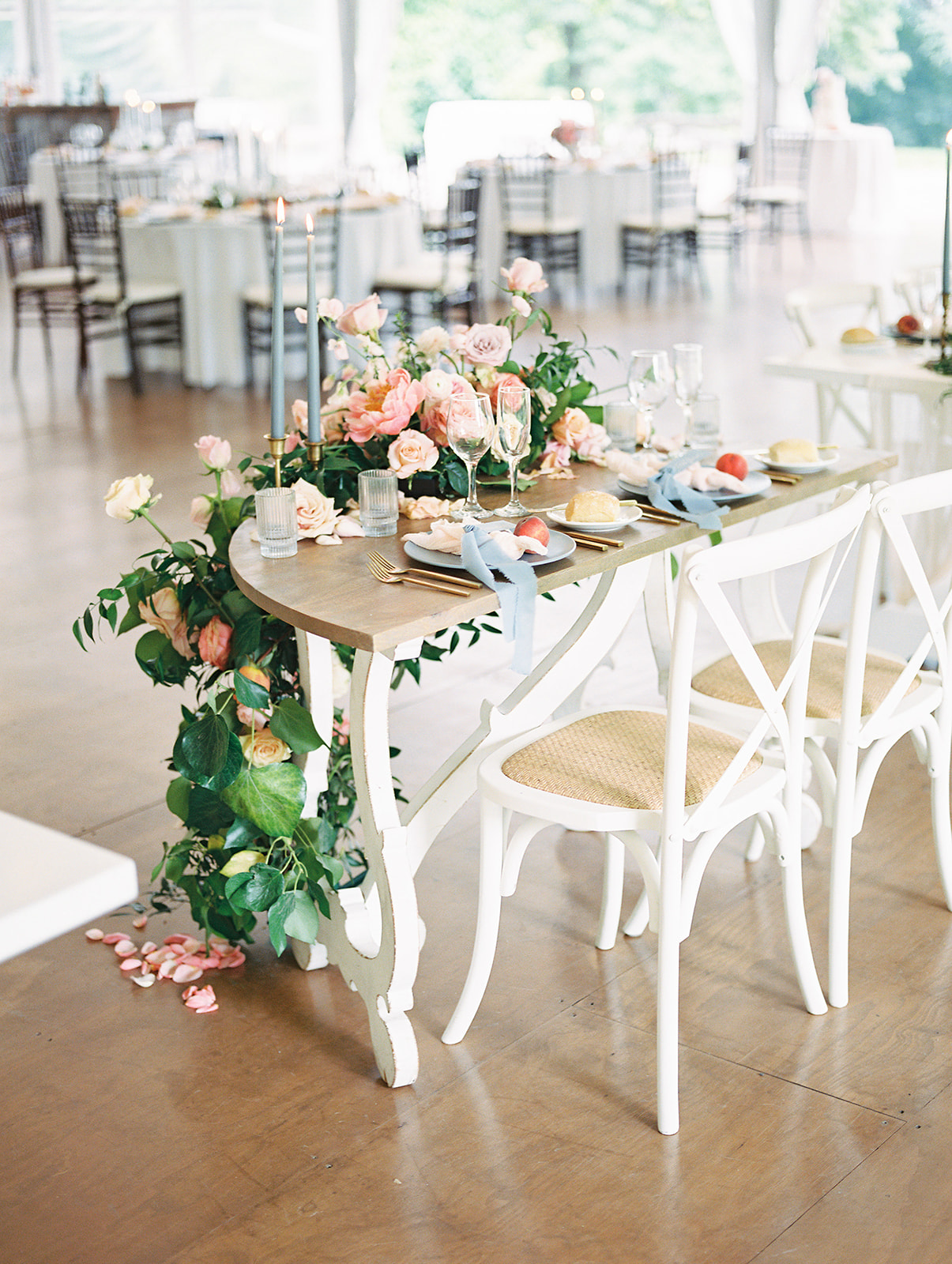 romantic spring head table with peach florals at Bartram's Garden wedding