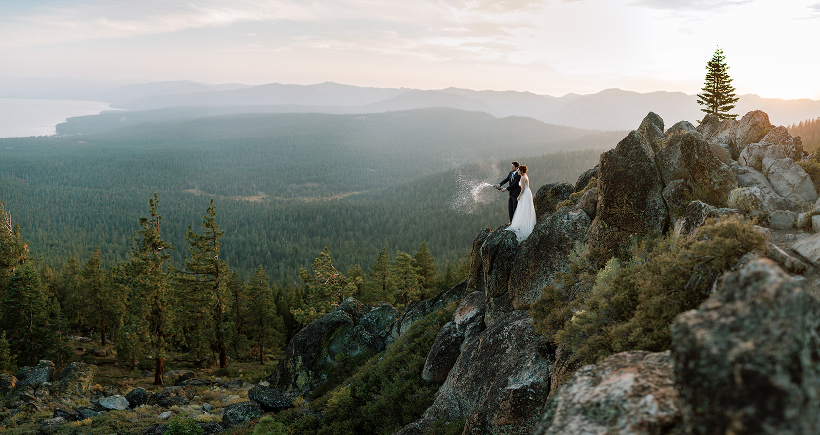 September Golden Hour Elopement Portraits Above Lake Tahoe Champagne Toast