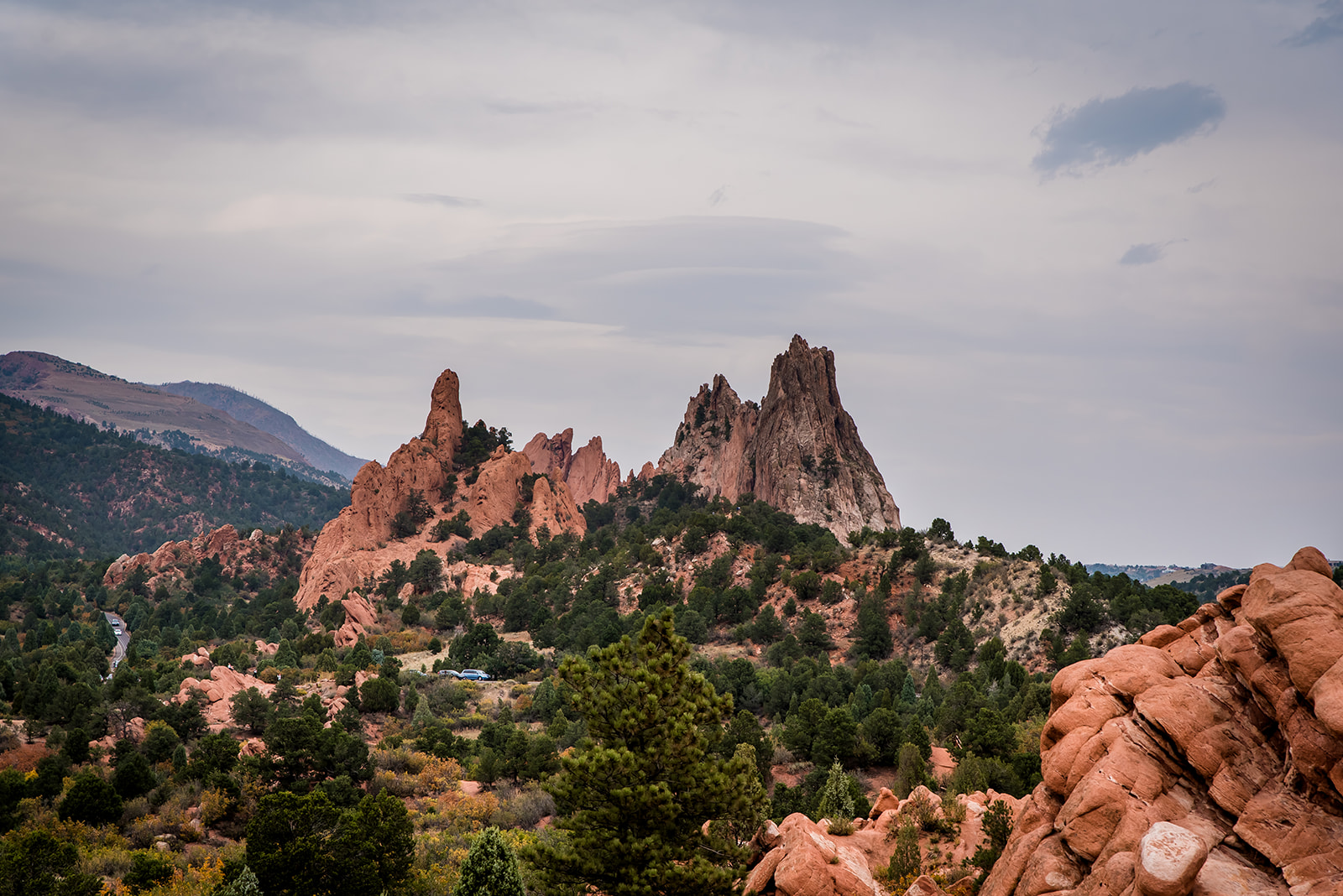 view of the kissing camels in garden of the gods from highpoint overlook