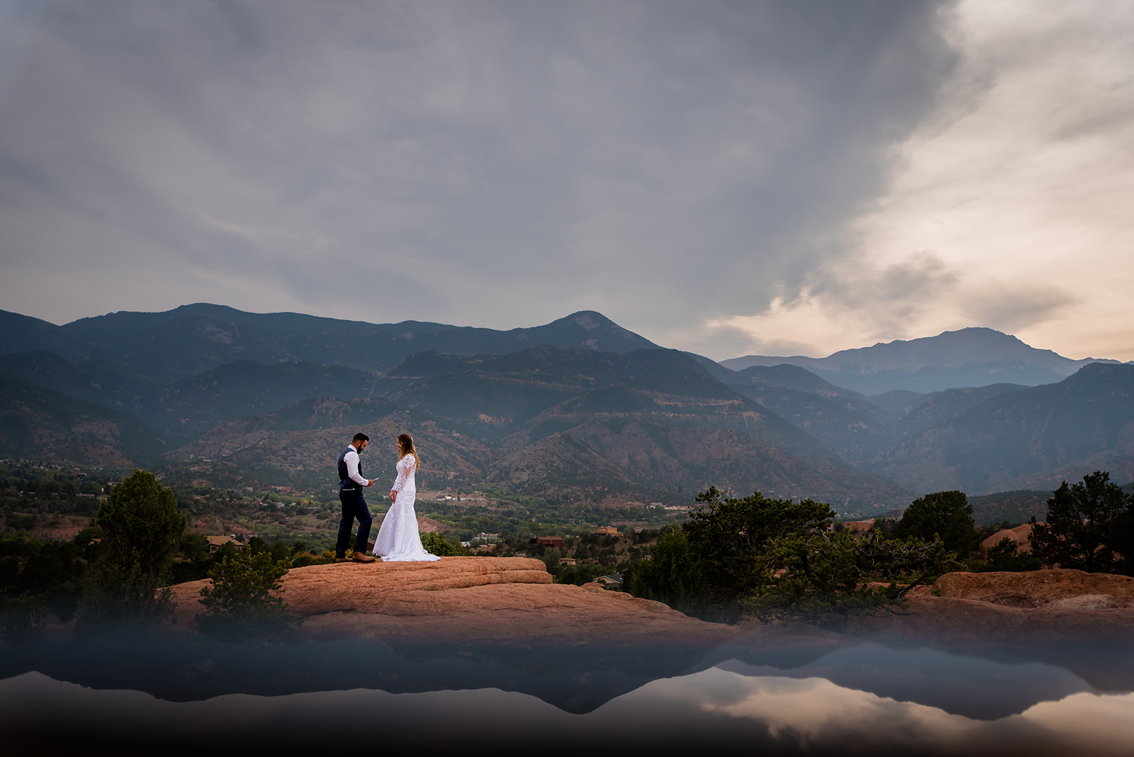 beautiful views of Pikes Peak during vows at High Point Overlook in Garden of the Gods