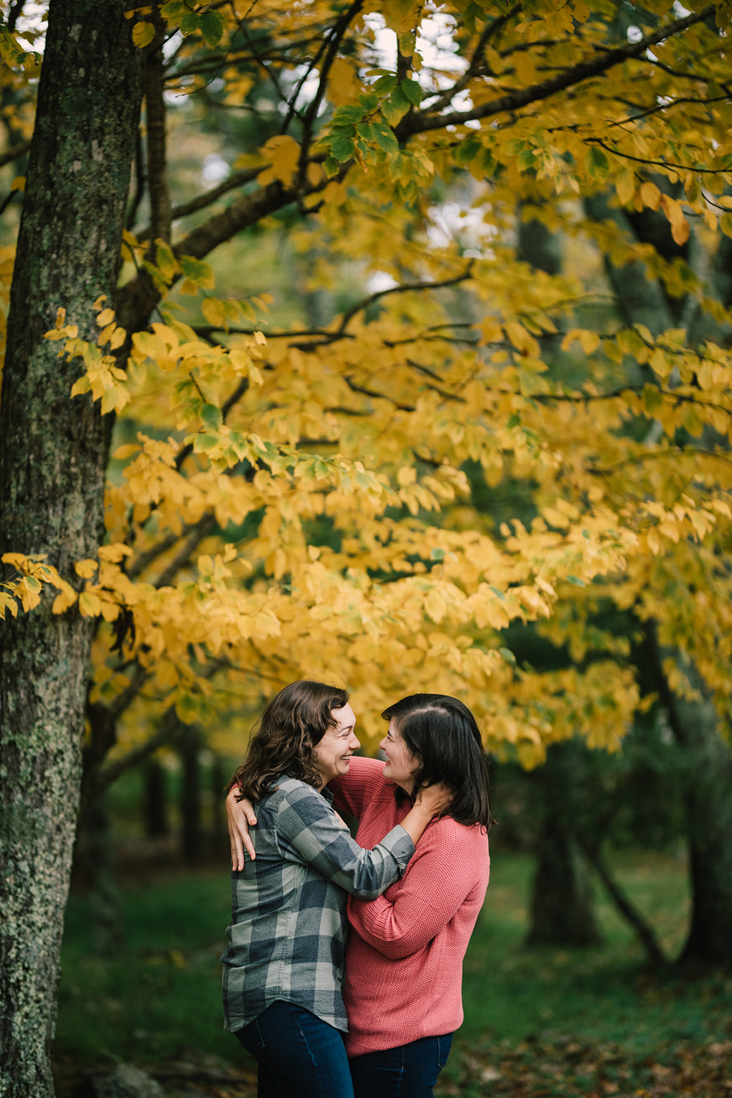 Two women embracing under bright yellow autumn foliage in Shenandoah National Park 