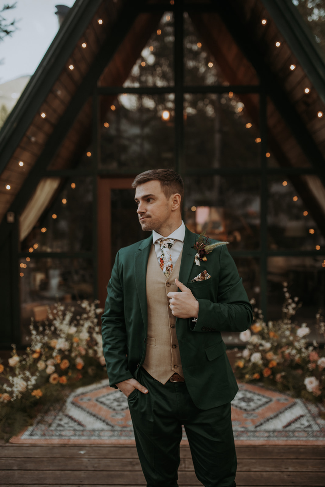 Mount Rainier elopement photographer captures intimate moment at cozy a-frame cabin, Woodsy wedding details, charcuterie