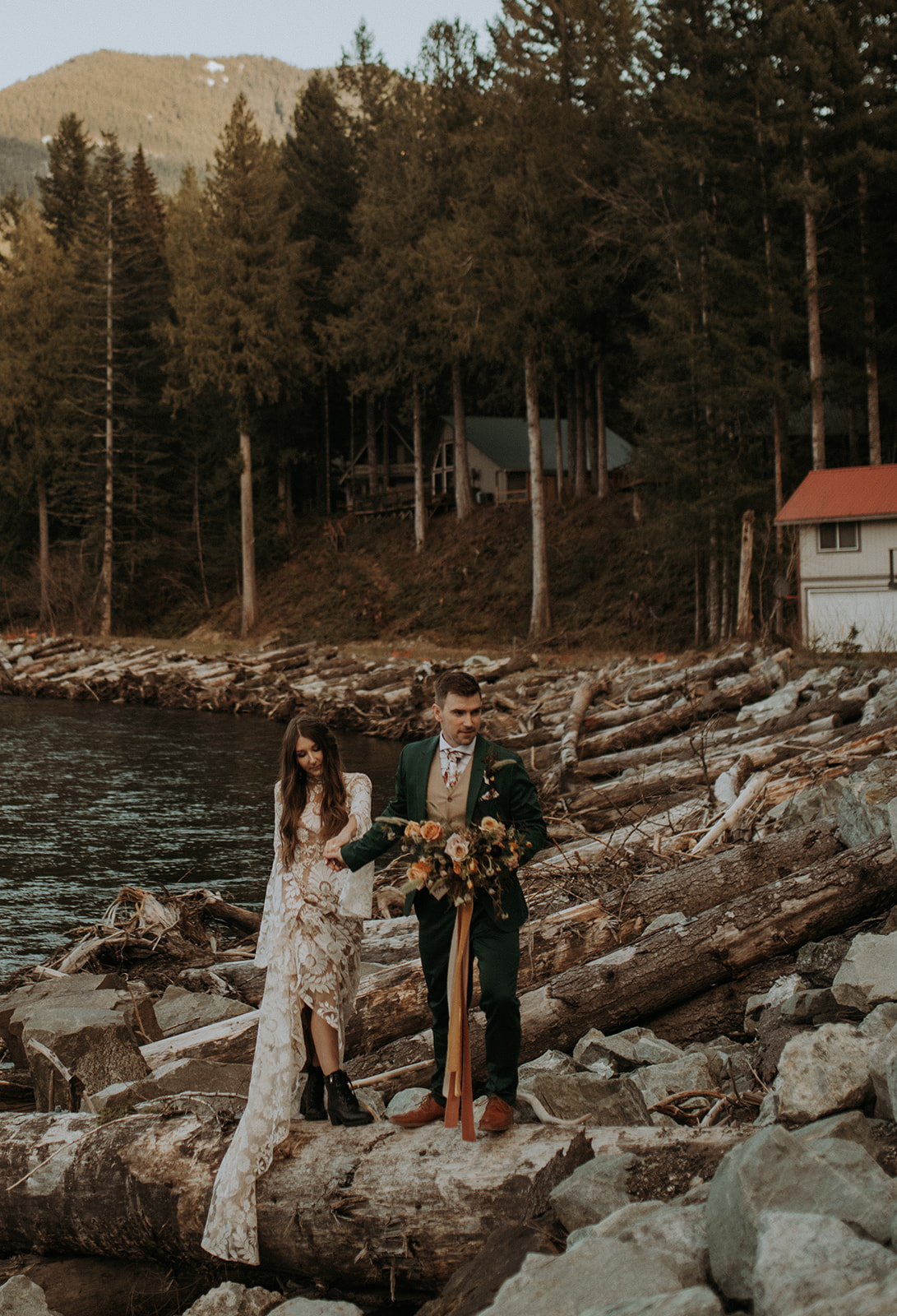 Mount Rainier elopement photographer captures intimate moment at cozy a-frame cabin, Woodsy wedding details, romantic