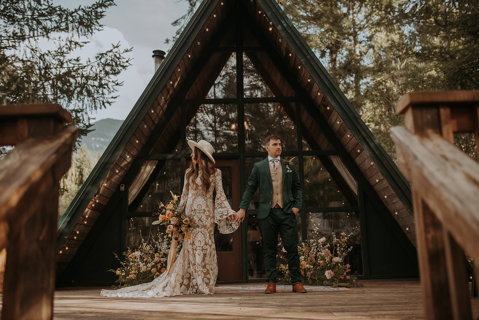 Mount Rainier elopement photographer captures intimate moment at cozy a-frame cabin, Woodsy wedding details