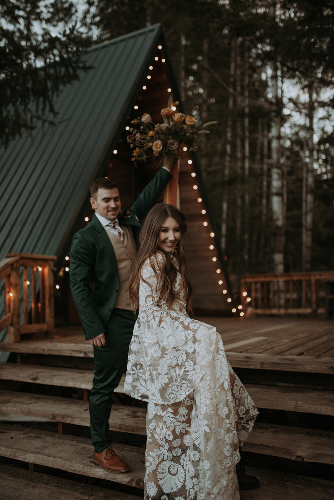 Mount Rainier elopement photographer captures intimate moment at cozy a-frame cabin, Woodsy wedding, river wedding photo