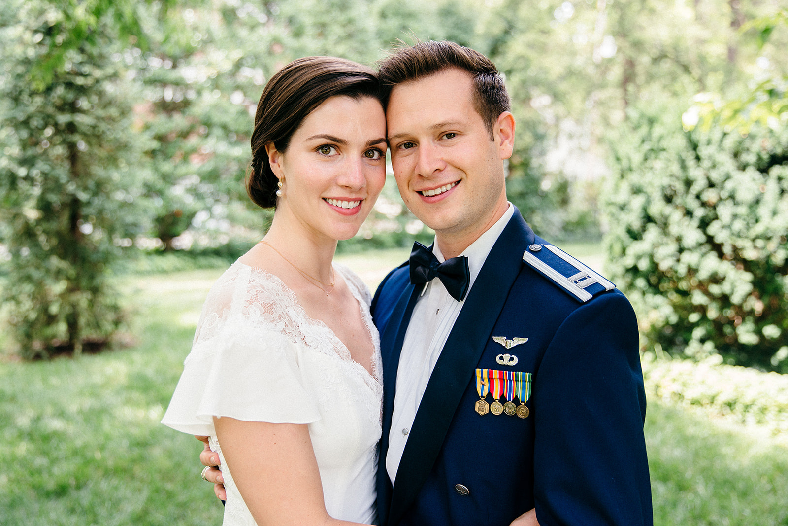 Military groom and white dress bride timeless wedding portraits 
